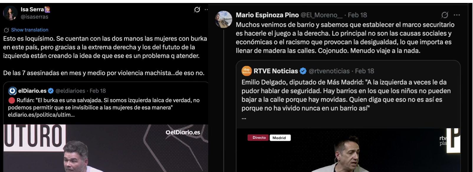 A photograph of some Tweets criticizing Rufian and Emilio's speech.